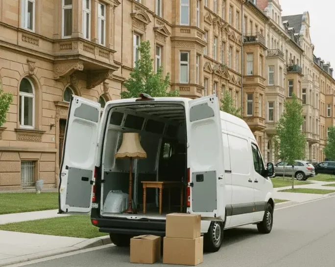 Umzugslaster mit Kisten und Mobiliar bei einem Seniorenumzug in der Innenstadt - R&B Diensleistungen Gebäudereinigung Darmstadt