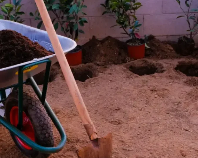 Ausheben von Pflanzlöchern für Zierpflanzen im Garten mit der Schaufel - R&B Dienstleistungen Gartenarbeiten